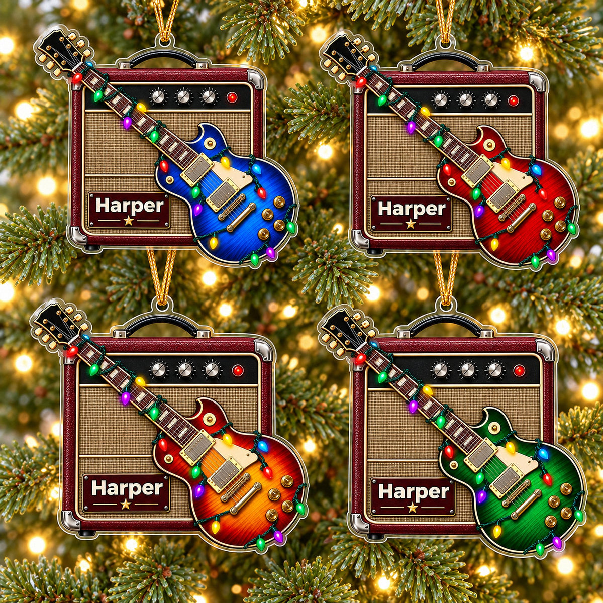 Four personalized guitar amp acrylic Christmas ornaments in various colors displayed together on a tree.