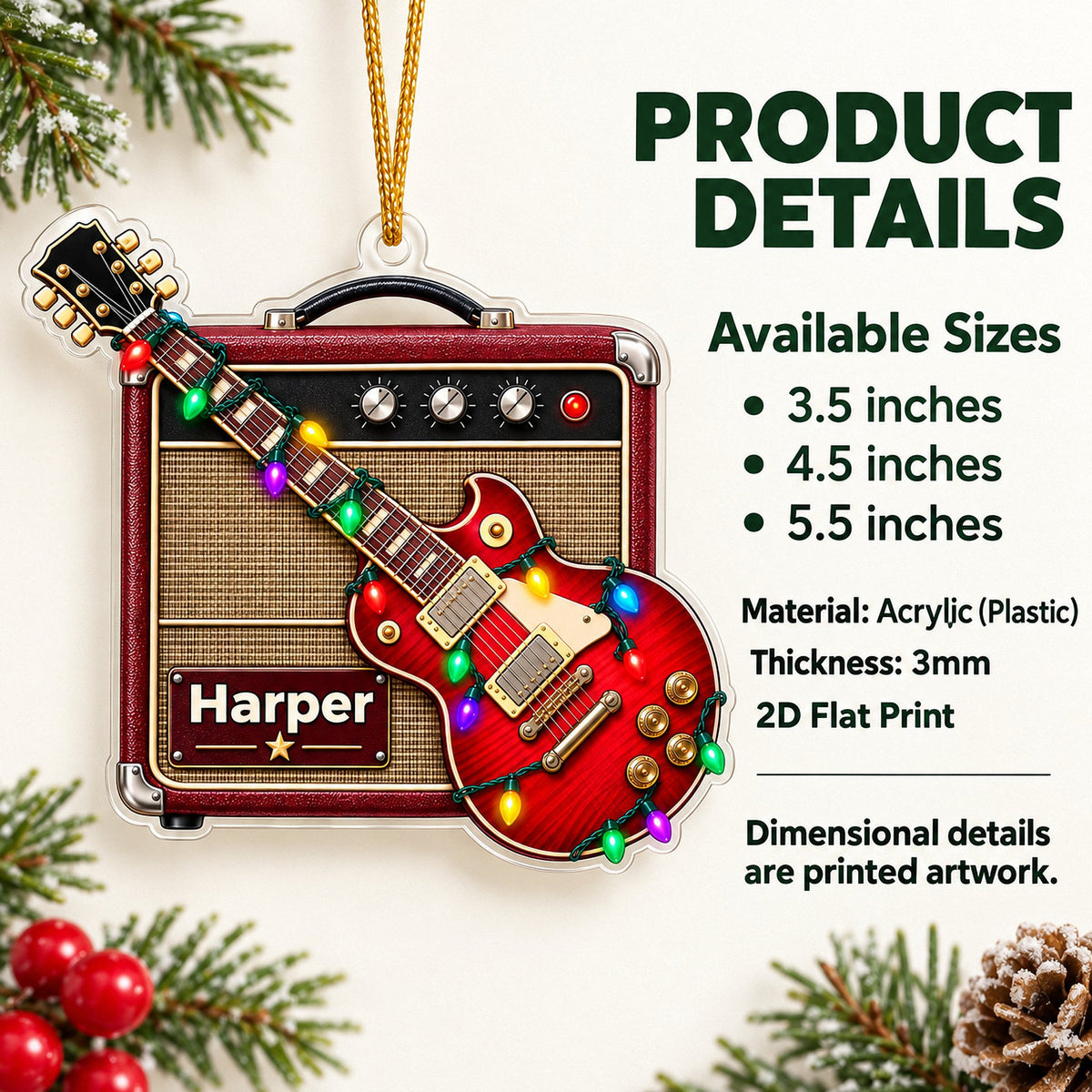 A personalized red guitar amp acrylic ornament shown next to a text graphic detailing available sizes and material info.