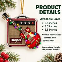 A personalized red guitar amp acrylic ornament shown next to a text graphic detailing available sizes and material info.