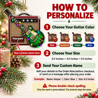 Personalization guide for guitar amp Christmas ornament with steps for choosing color, size, and adding a custom name.