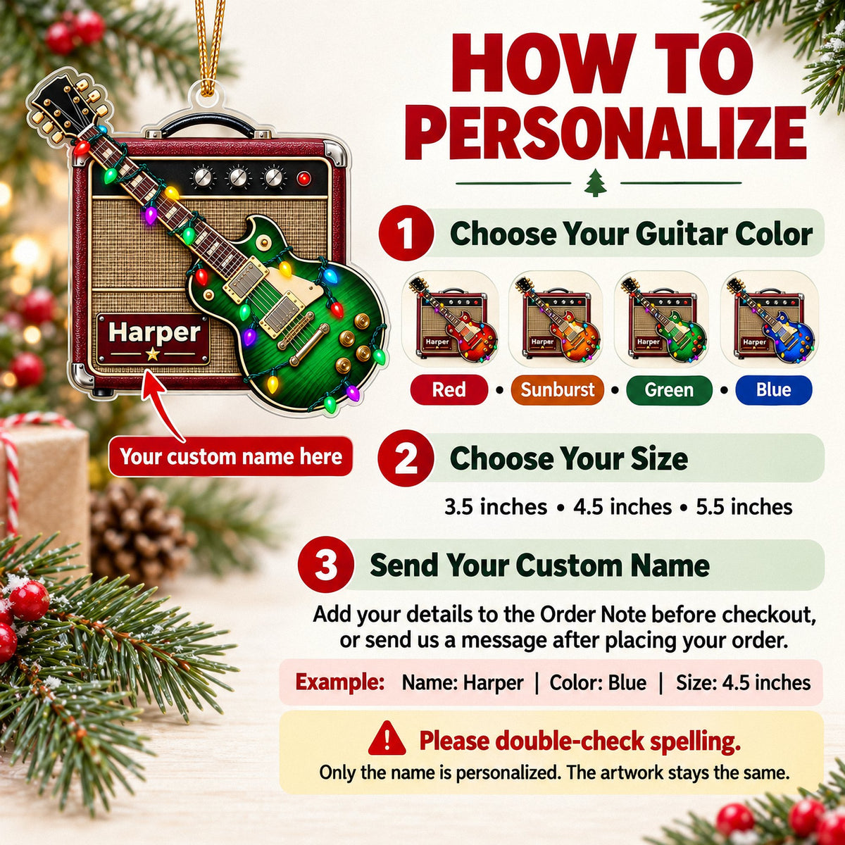 Personalization guide for guitar amp Christmas ornament with steps for choosing color, size, and adding a custom name.
