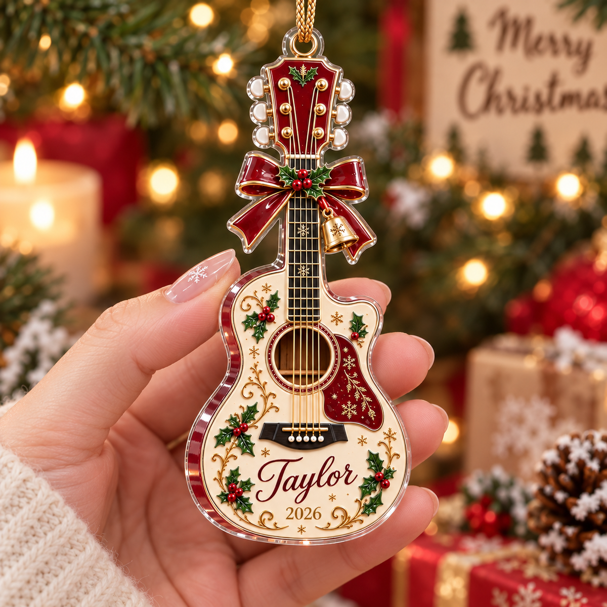 Guitar Shaped Personalized Christmas Ornament Custom Name Music Lover Holiday Keepsake Gift on a hanger, ready to ship from Austin, Texas
