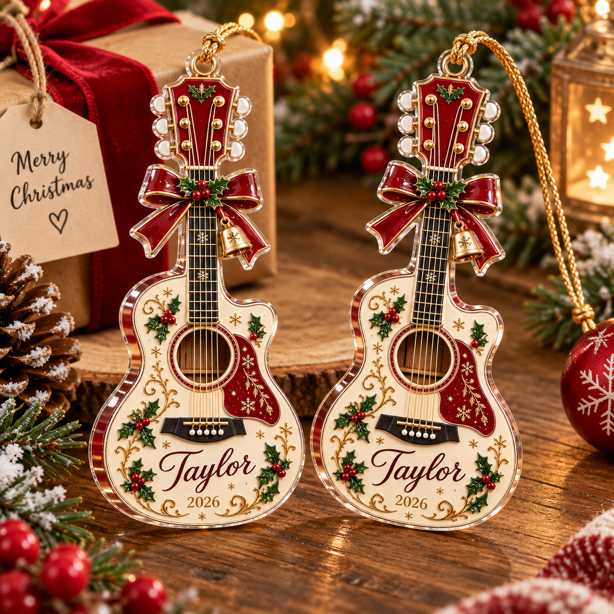 Customer in Austin, Texas wearing Guitar Shaped Personalized Christmas Ornament Custom Name Music Lover Holiday Keepsake Gift