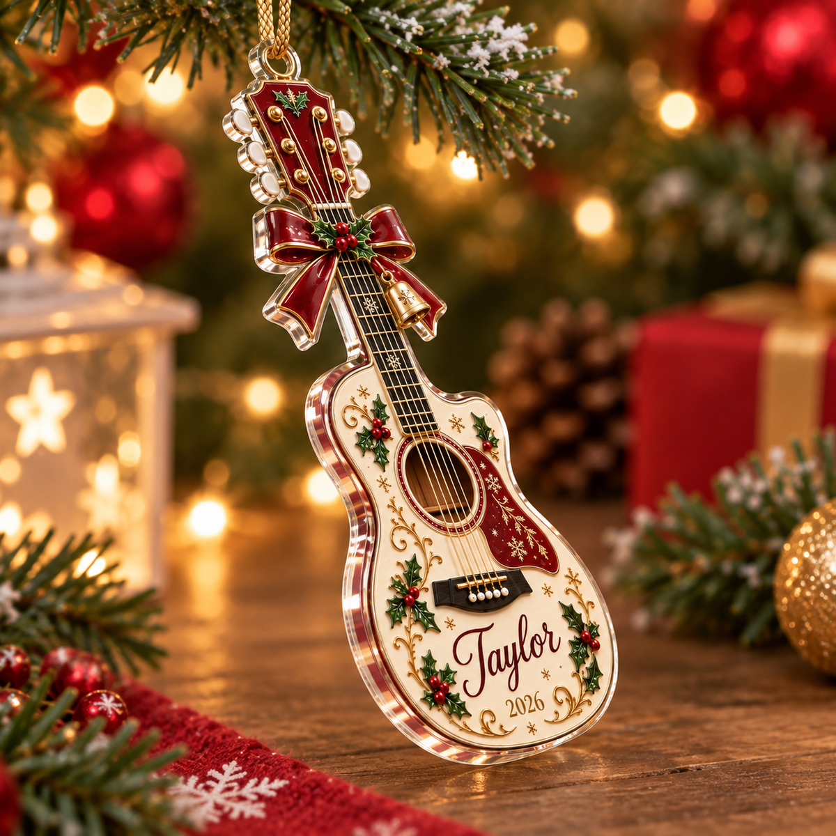 Customer in Austin, Texas wearing Guitar Shaped Personalized Christmas Ornament Custom Name Music Lover Holiday Keepsake Gift