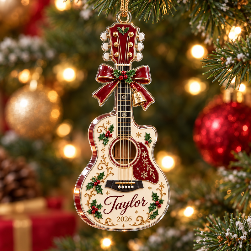Guitar Shaped Personalized Christmas Ornament Custom Name Music Lover Holiday Keepsake Gift available at our Austin, Texas warehouse