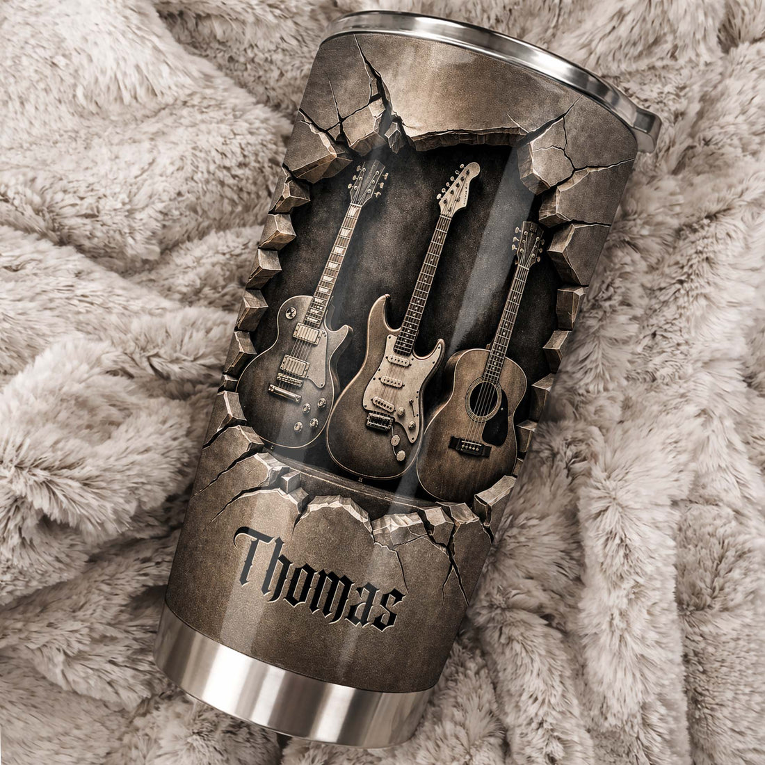 Guitars In Stone Wall Tumbler Personalized Stainless Steel Travel Mug Gift for Guitarist Musician on a hanger, ready to ship from Austin, Texas
