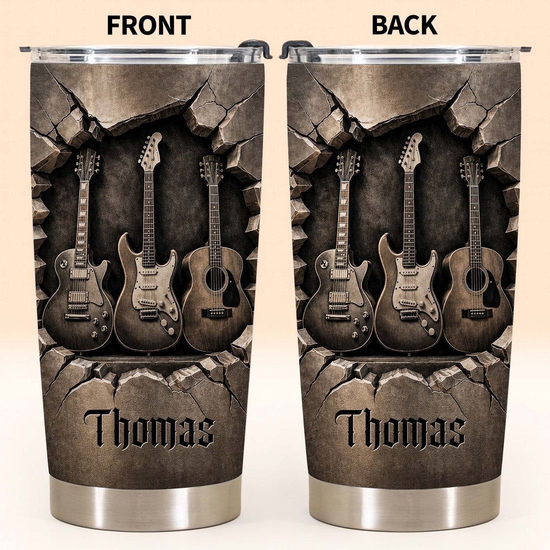 Close-up of Guitars In Stone Wall Tumbler Personalized Stainless Steel Travel Mug Gift for Guitarist Musician for streetwear fans in Austin, Texas