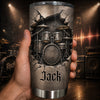 Customer in Austin, Texas wearing Guitars In Stone Wall Tumbler Personalized Stainless Steel Travel Mug Gift for Guitarist Musician