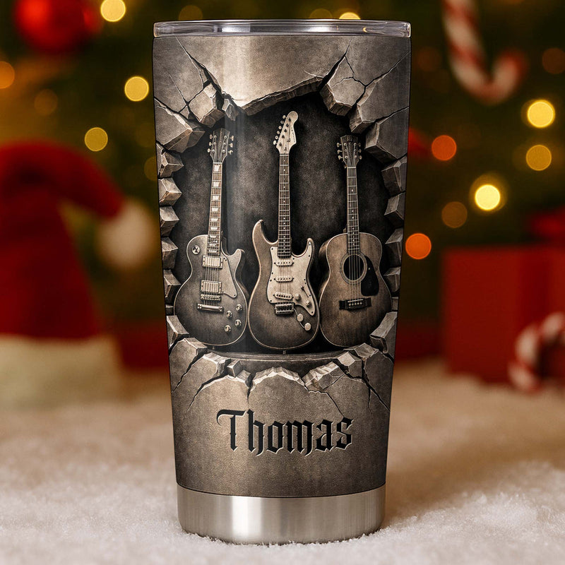 Guitars In Stone Wall Tumbler Personalized Stainless Steel Travel Mug Gift for Guitarist Musician available at our Austin, Texas warehouse