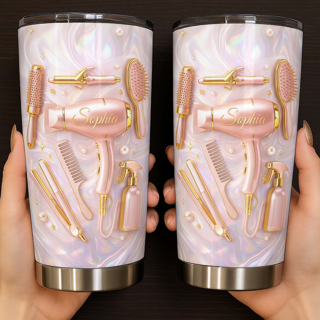 Customer in Austin, Texas wearing Hair Stylist Tumbler, Personalized Hairstylist Stainless Steel Travel Mug, Cosmetology Hair Salon To