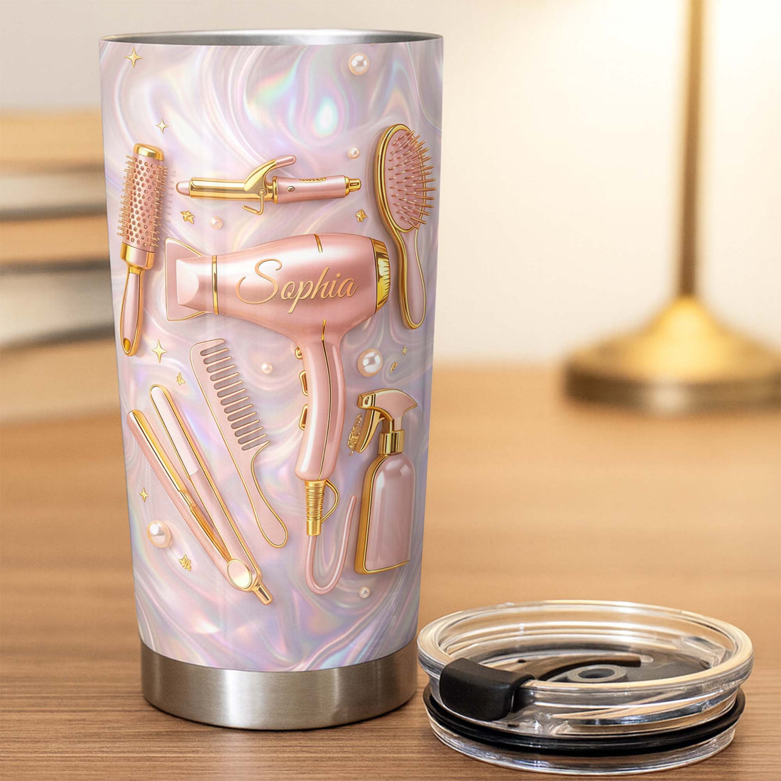 Close-up of Hair Stylist Tumbler, Personalized Hairstylist Stainless Steel Travel Mug, Cosmetology Hair Salon To for streetwear fans in Austin, Texas