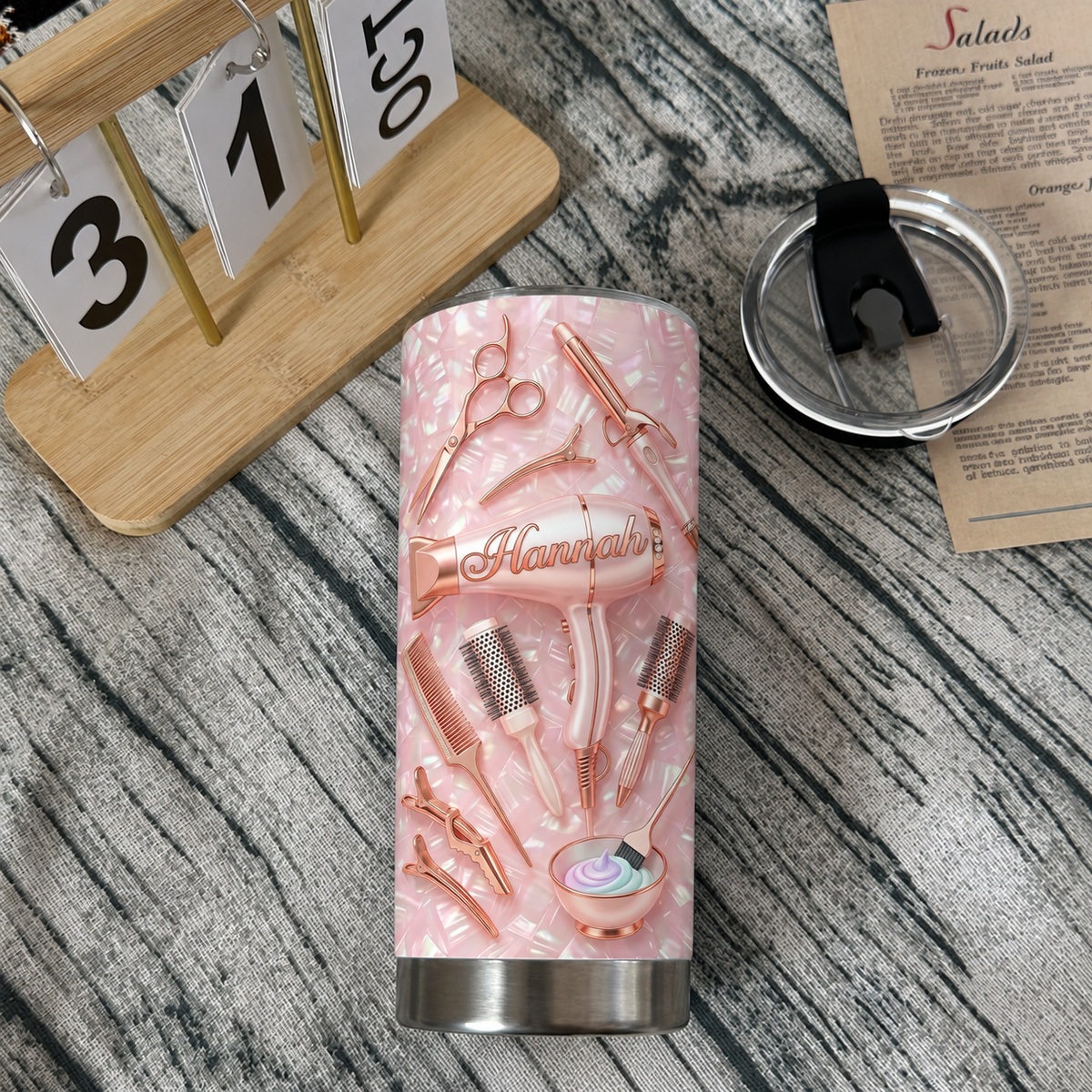 Customer in Austin, Texas wearing Hairapist Definition Tumbler Funny Hairstylist Gift for Cosmetologists
