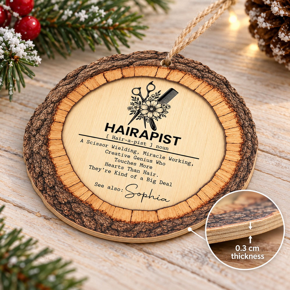 Flat round wood ornament showing front design and an inset view of the 0.3 cm thickness.