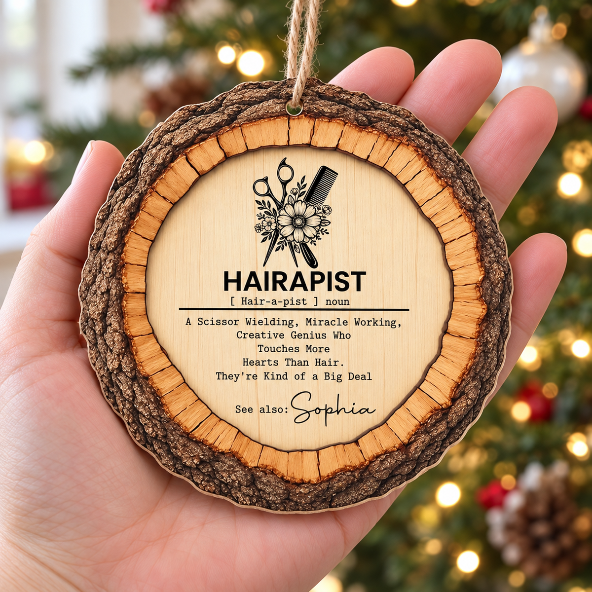Hand holding the custom hairapist wood ornament against a holiday background with lights.