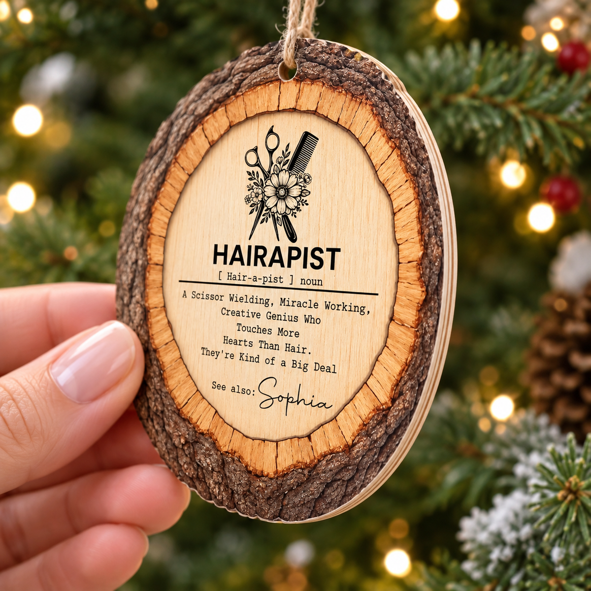 Close-up of a hand holding the flat round custom name wood ornament with jute twine.