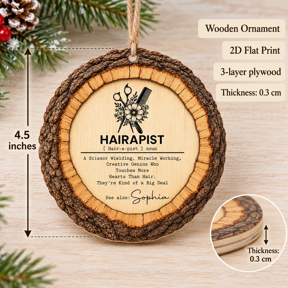Product specs graphic showing the 4.5-inch wood ornament with 3-layer plywood construction.