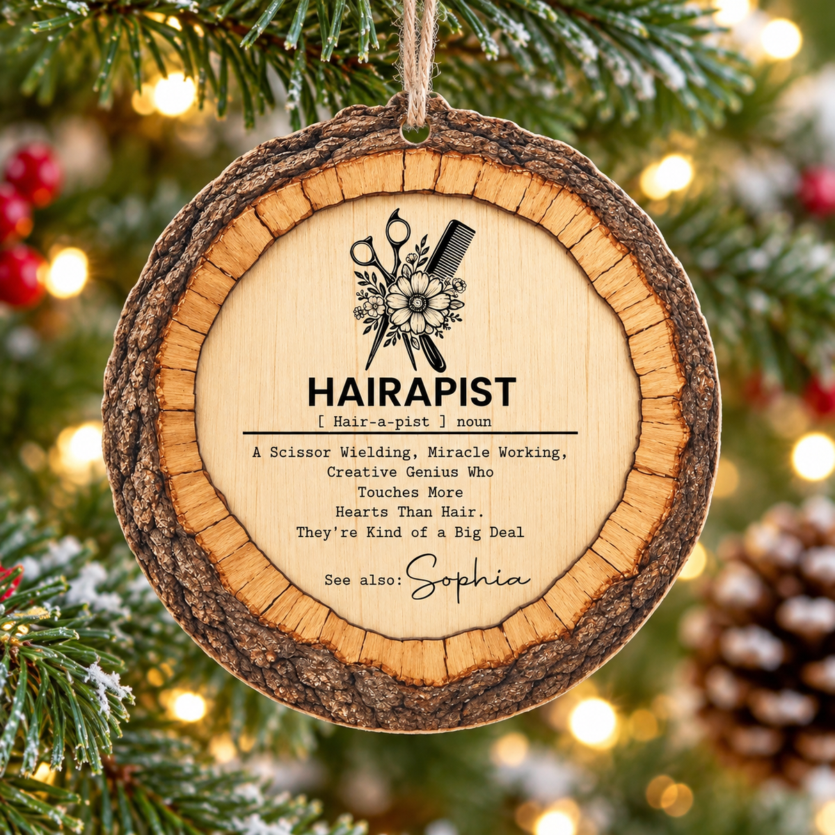 Personalized wood ornament hanging on a Christmas tree with definition text for stylists.