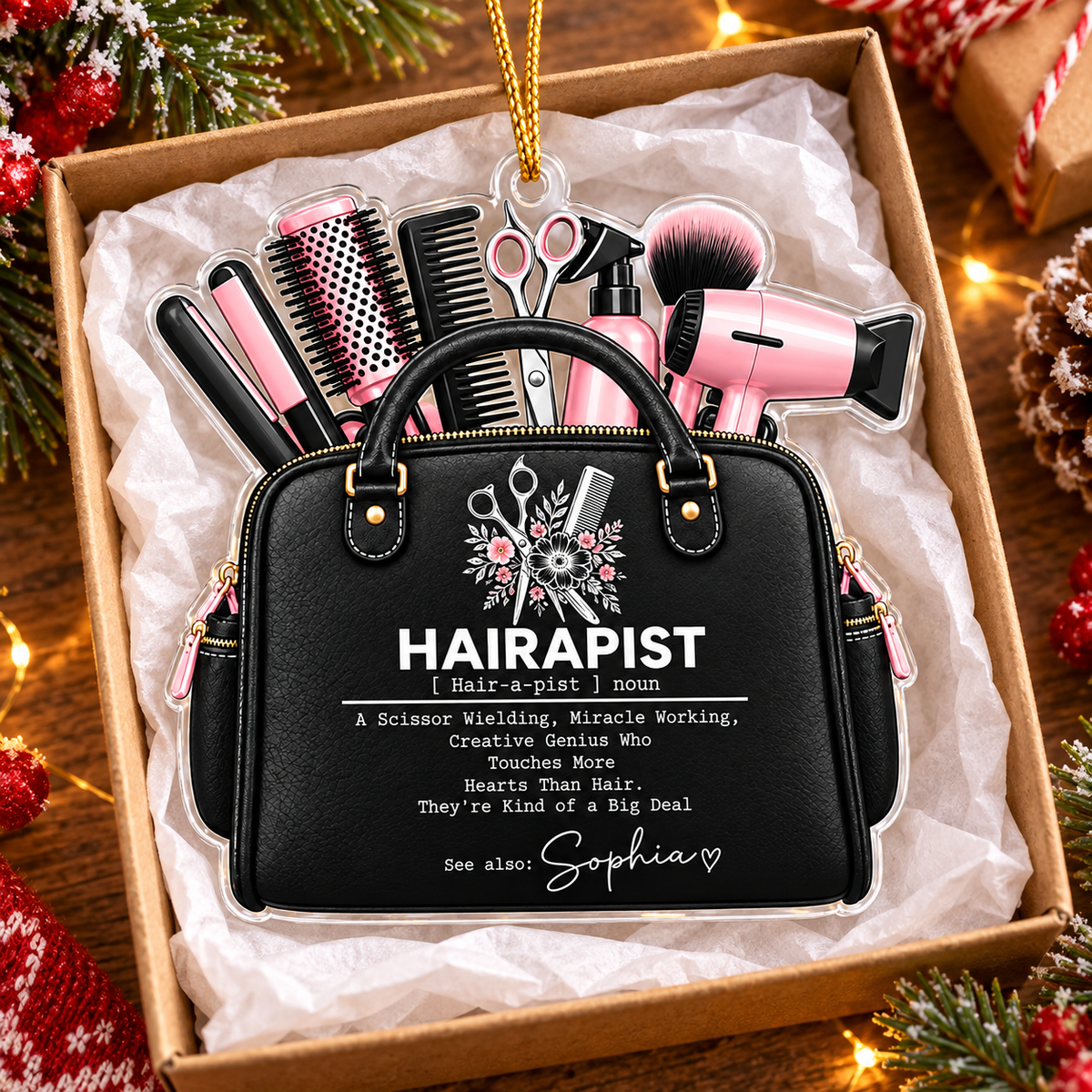 Personalized Hairapist Tool Bag Ornament Hairstylist Christmas Gift - product view 4