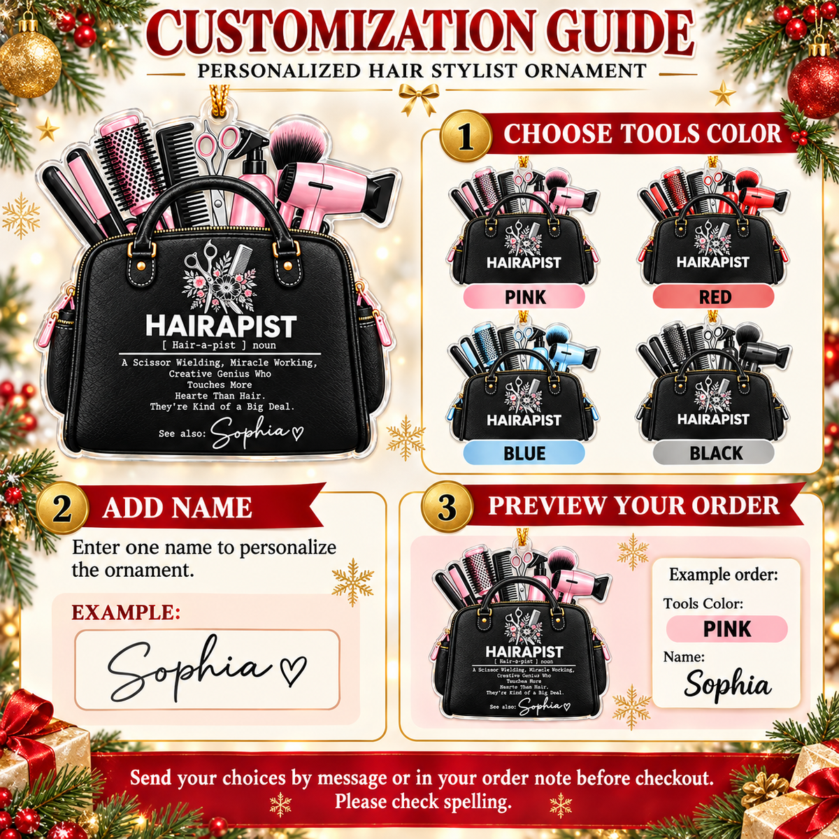 Personalized Hairapist Tool Bag Ornament Hairstylist Christmas Gift - personalization options and ordering guide