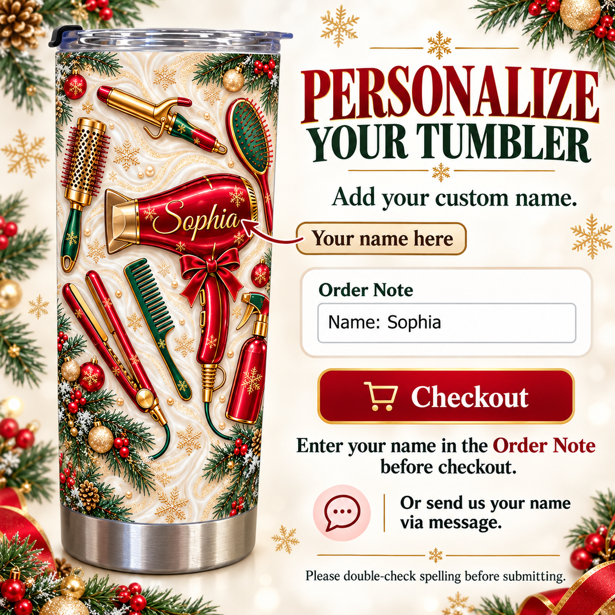 A graphic displaying a personalized tumbler for a cosmetologist next to checkout instructions and order note text fields.
