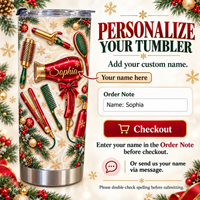 A graphic displaying a personalized tumbler for a cosmetologist next to checkout instructions and order note text fields.