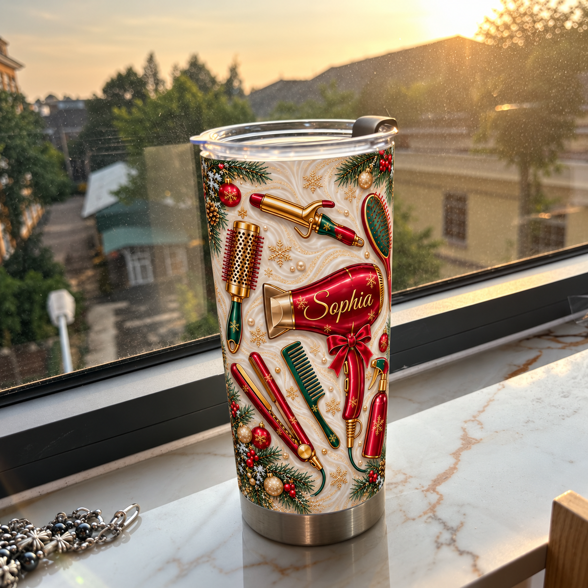 A Christmas hair stylist tumbler featuring red hair tools stands on a sunlit marble windowsill overlooking distant trees and