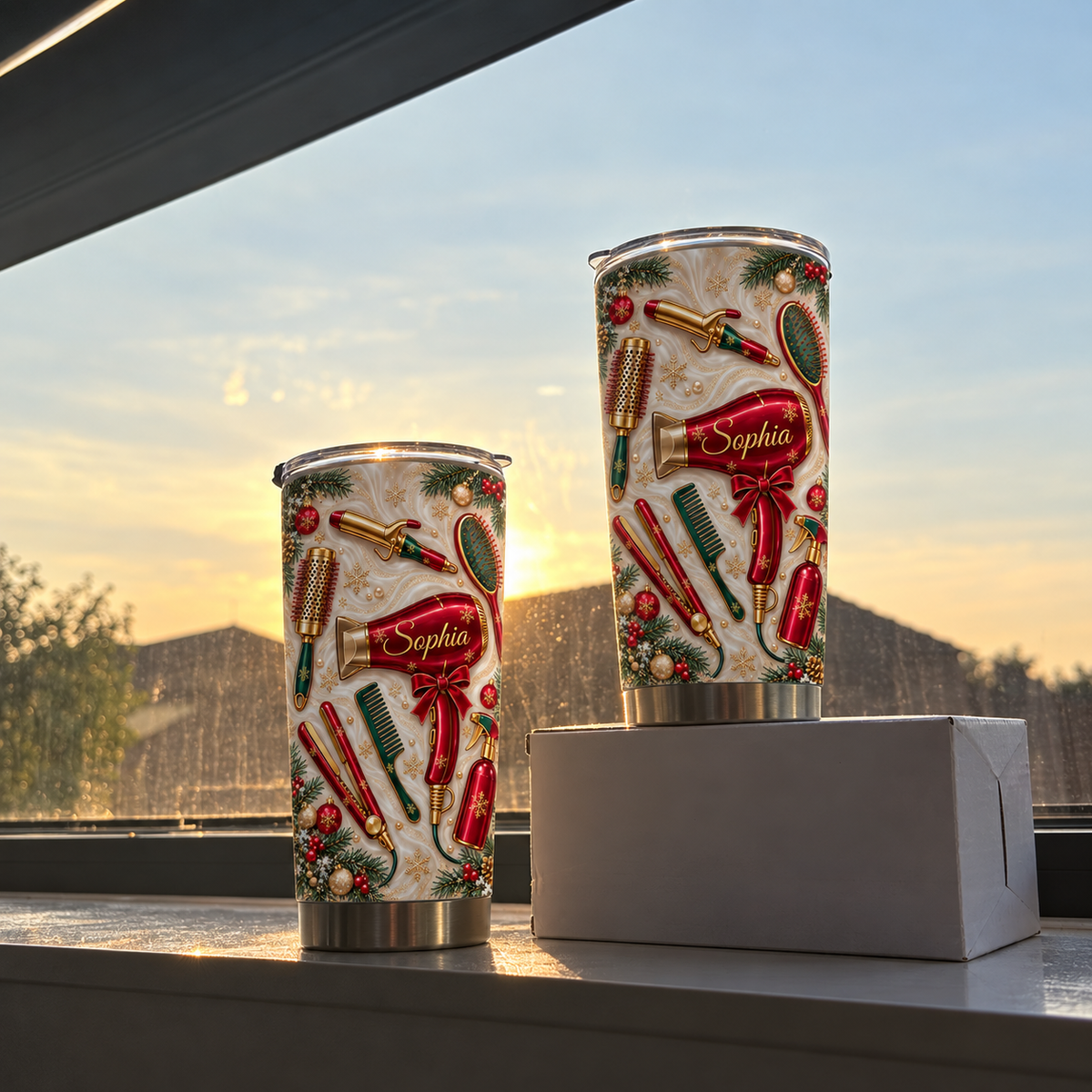 Two personalized hair stylist tumblers with festive salon designs sit on a box by a window during a warm sunset glow.