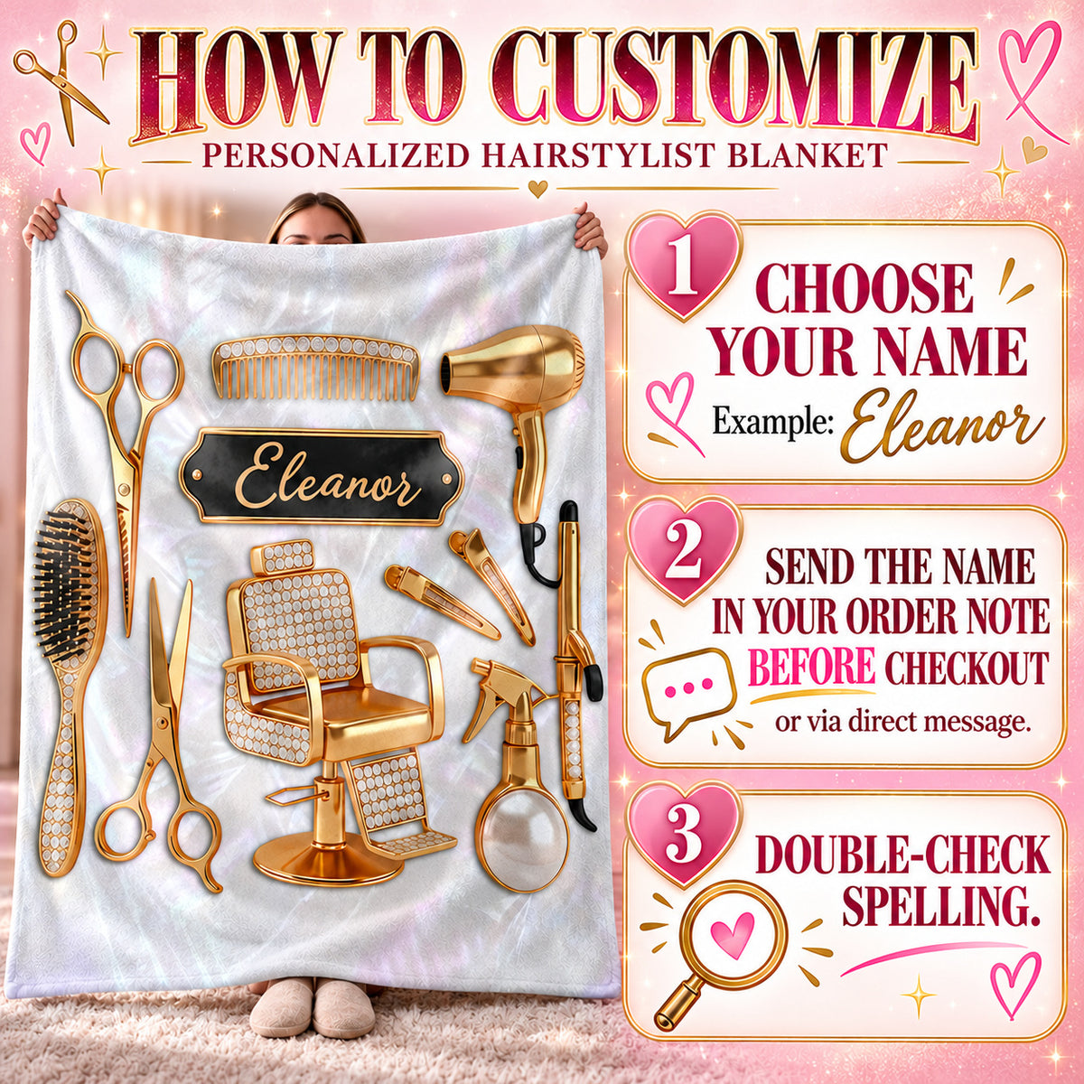Personalized Hairstylist Blanket Custom Name Salon Hairdresser Gift - personalization choices and ordering instructions