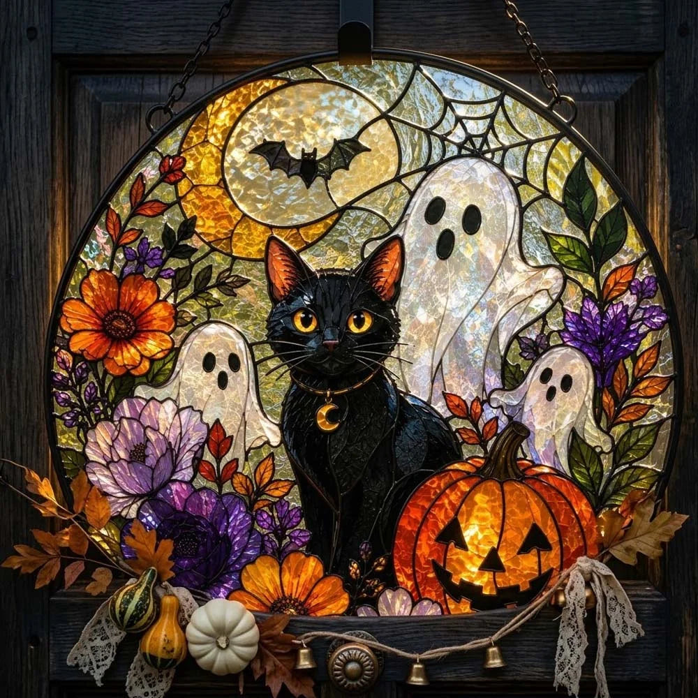 Halloween Black Cat Stained Glass Suncatcher Spooky Ghost Pumpkin Witchy Window Hanging Decor