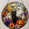 Halloween Black Cat Stained Glass Suncatcher Spooky Ghost Pumpkin Witchy Window Hanging Decor