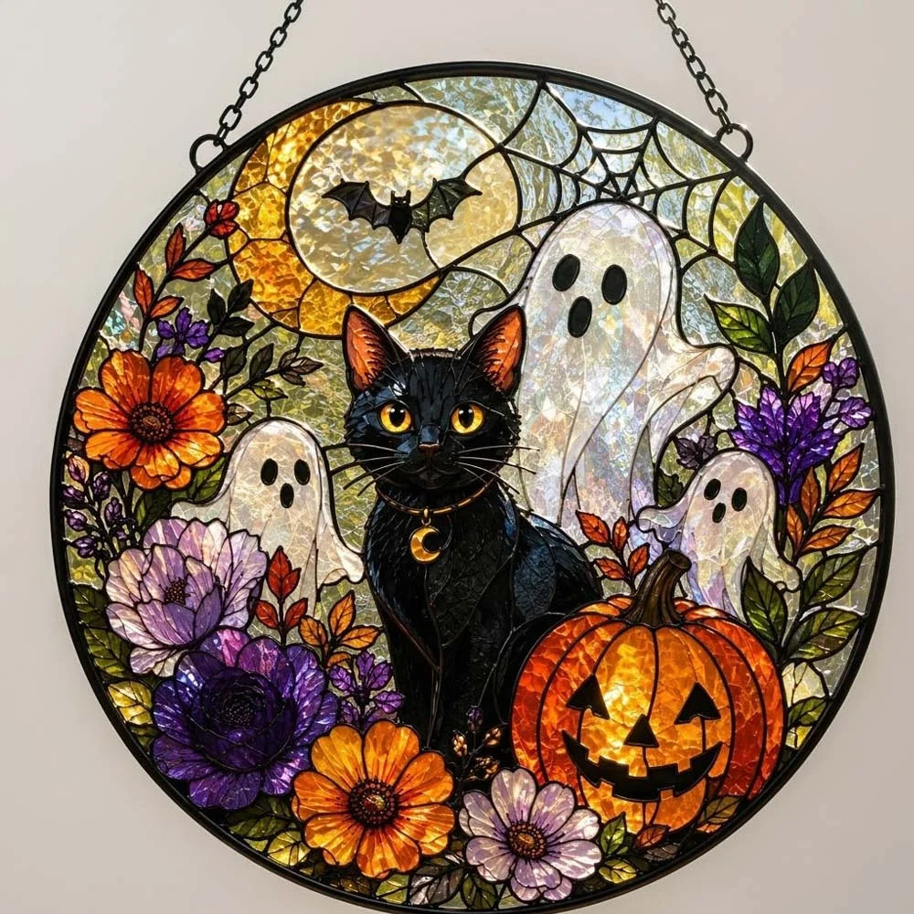 Halloween Black Cat Stained Glass Suncatcher Spooky Ghost Pumpkin Witchy Window Hanging Decor