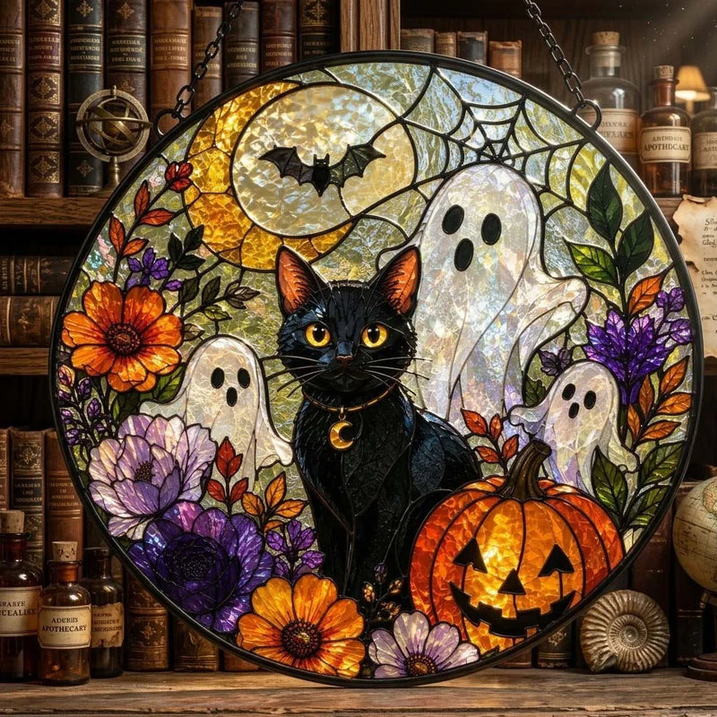 Halloween Black Cat Stained Glass Suncatcher Spooky Ghost Pumpkin Witchy Window Hanging Decor