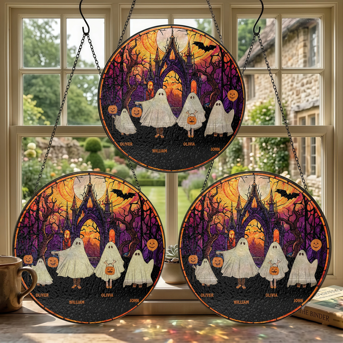 Halloween Ghost Family Stained Glass Decoration Ornament, Personalized Spooky Suncatcher Hanging Dec on a hanger, ready to ship from Austin, Texas