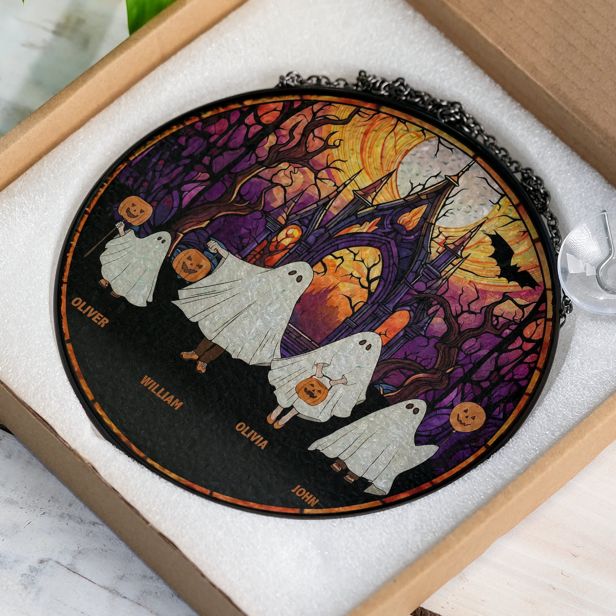 Close-up of Halloween Ghost Family Stained Glass Decoration Ornament, Personalized Spooky Suncatcher Hanging Dec for streetwear fans in Austin, Texas