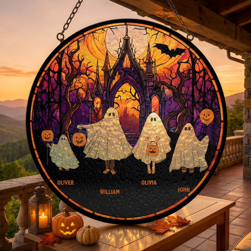 Halloween Ghost Family Stained Glass Decoration Ornament, Personalized Spooky Suncatcher Hanging Dec available at our Austin, Texas warehouse