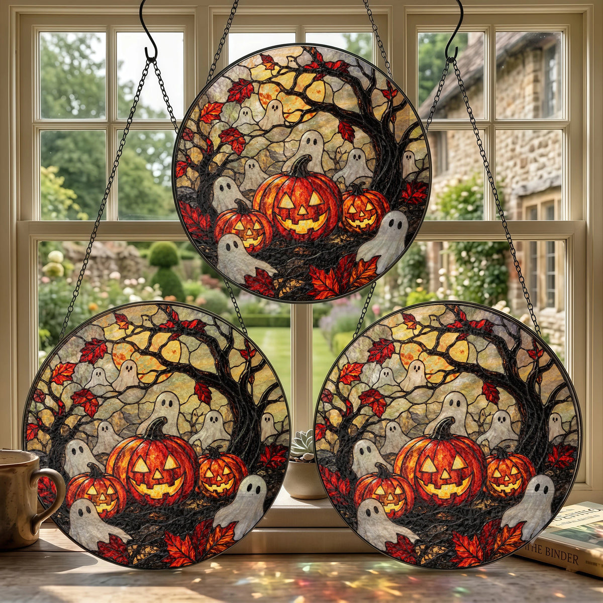 Halloween Stained Glass Ghost Pumpkin Suncatcher Spooky Window Hanging Decor for Autumn Home on a hanger, ready to ship from Austin, Texas