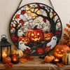 Customer in Austin, Texas wearing Halloween Stained Glass Ghost Pumpkin Suncatcher Spooky Window Hanging Decor for Autumn Home