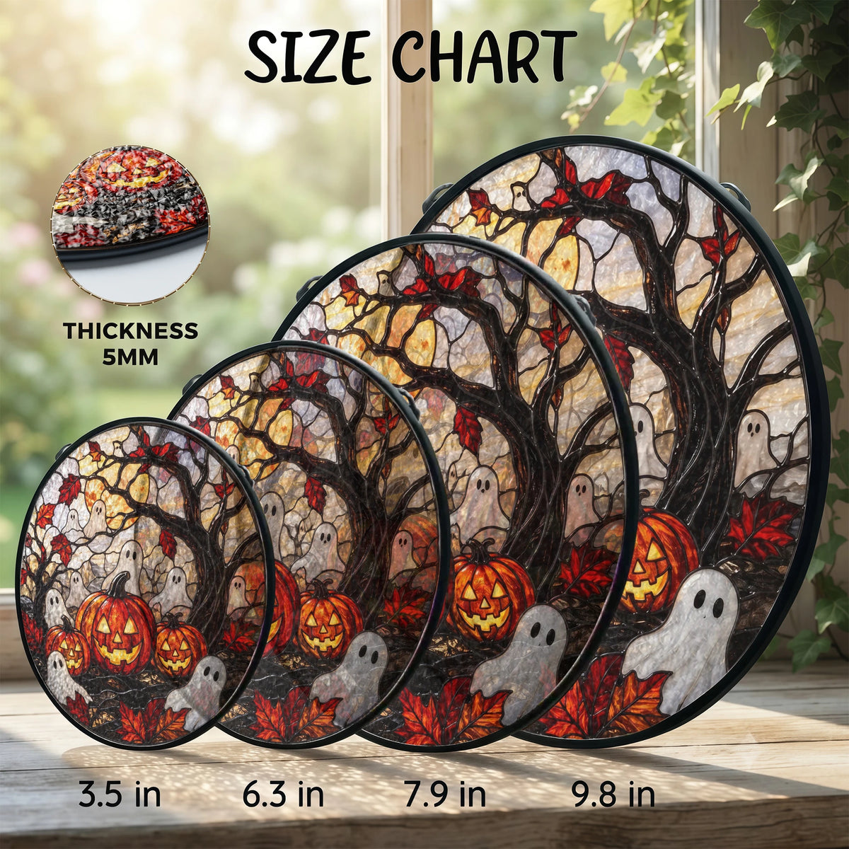 Close-up of Halloween Stained Glass Ghost Pumpkin Suncatcher Spooky Window Hanging Decor for Autumn Home for streetwear fans in Austin, Texas