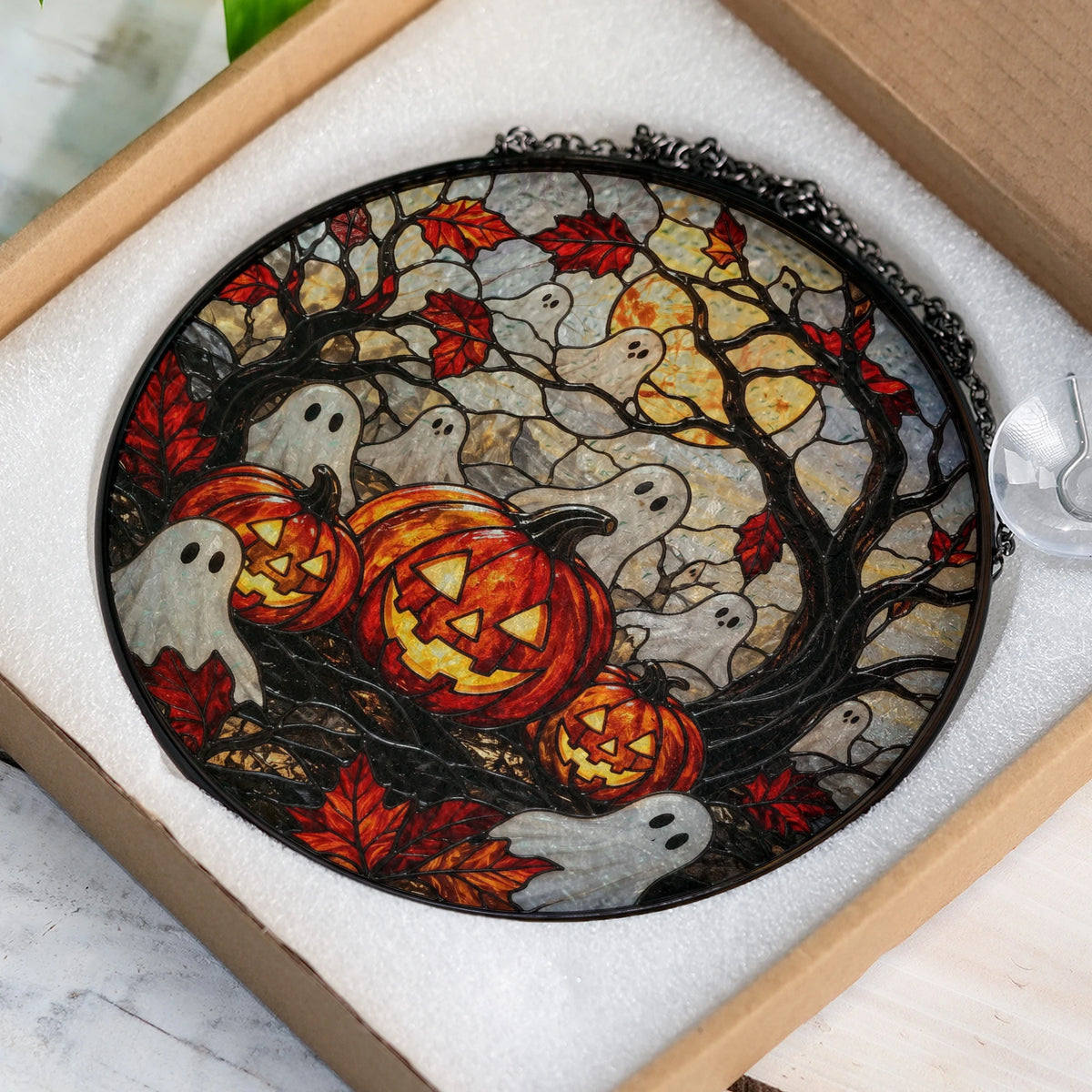 Customer in Austin, Texas wearing Halloween Stained Glass Ghost Pumpkin Suncatcher Spooky Window Hanging Decor for Autumn Home