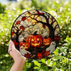 Customer in Austin, Texas wearing Halloween Stained Glass Ghost Pumpkin Suncatcher Spooky Window Hanging Decor for Autumn Home