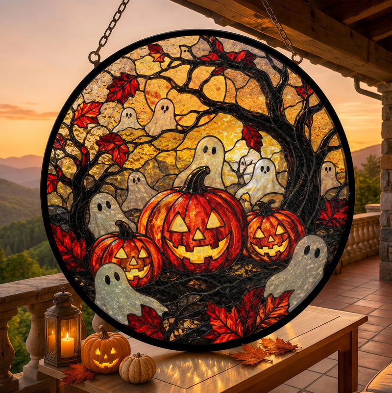 Halloween Stained Glass Ghost Pumpkin Suncatcher Spooky Window Hanging Decor for Autumn Home available at our Austin, Texas warehouse