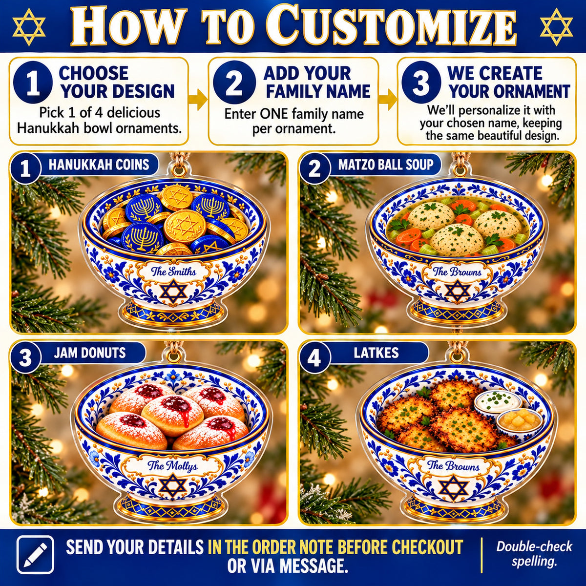 Personalized Hanukkah Bowl Acrylic Ornament Custom Family Name Gift - personalization choices and ordering instructions