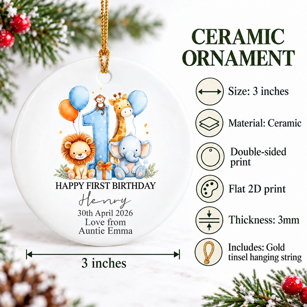 Infographic detailing the product features of the ceramic baby keepsake including 3-inch size and double-sided print.