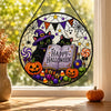 Happy Halloween Hanging Sign Cute Black Cat Trick Or Treat Candy Stained Glass Look Front Door Decor