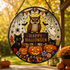 Happy Halloween Hanging Sign Cute Black Cat Trick Or Treat Candy Stained Glass Look Front Door Decor