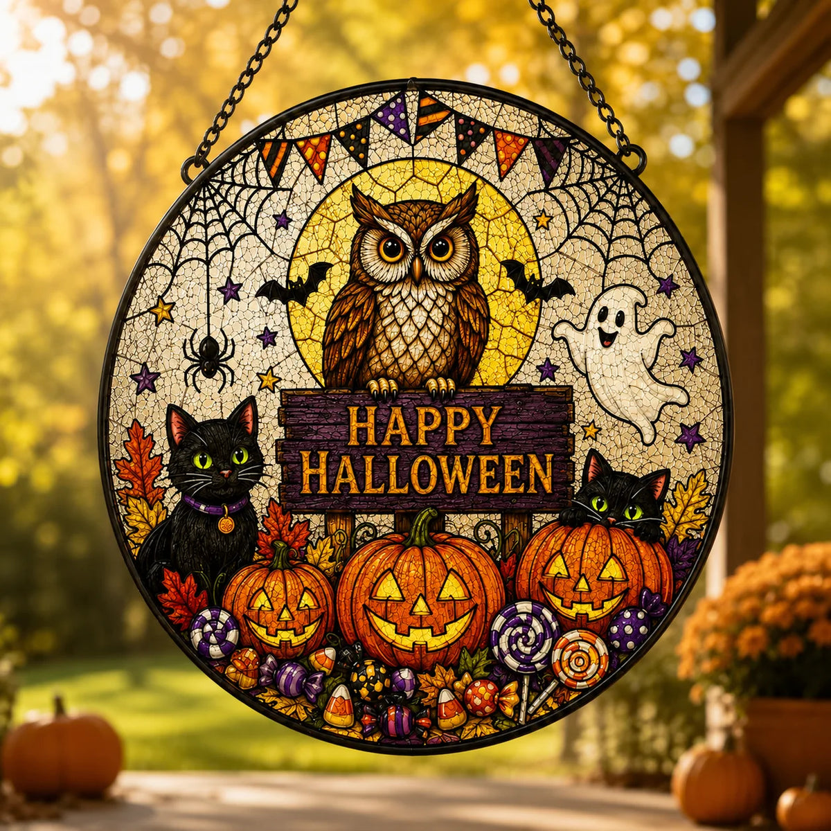 Happy Halloween Hanging Sign Cute Black Cat Trick Or Treat Candy Stained Glass Look Front Door Decor