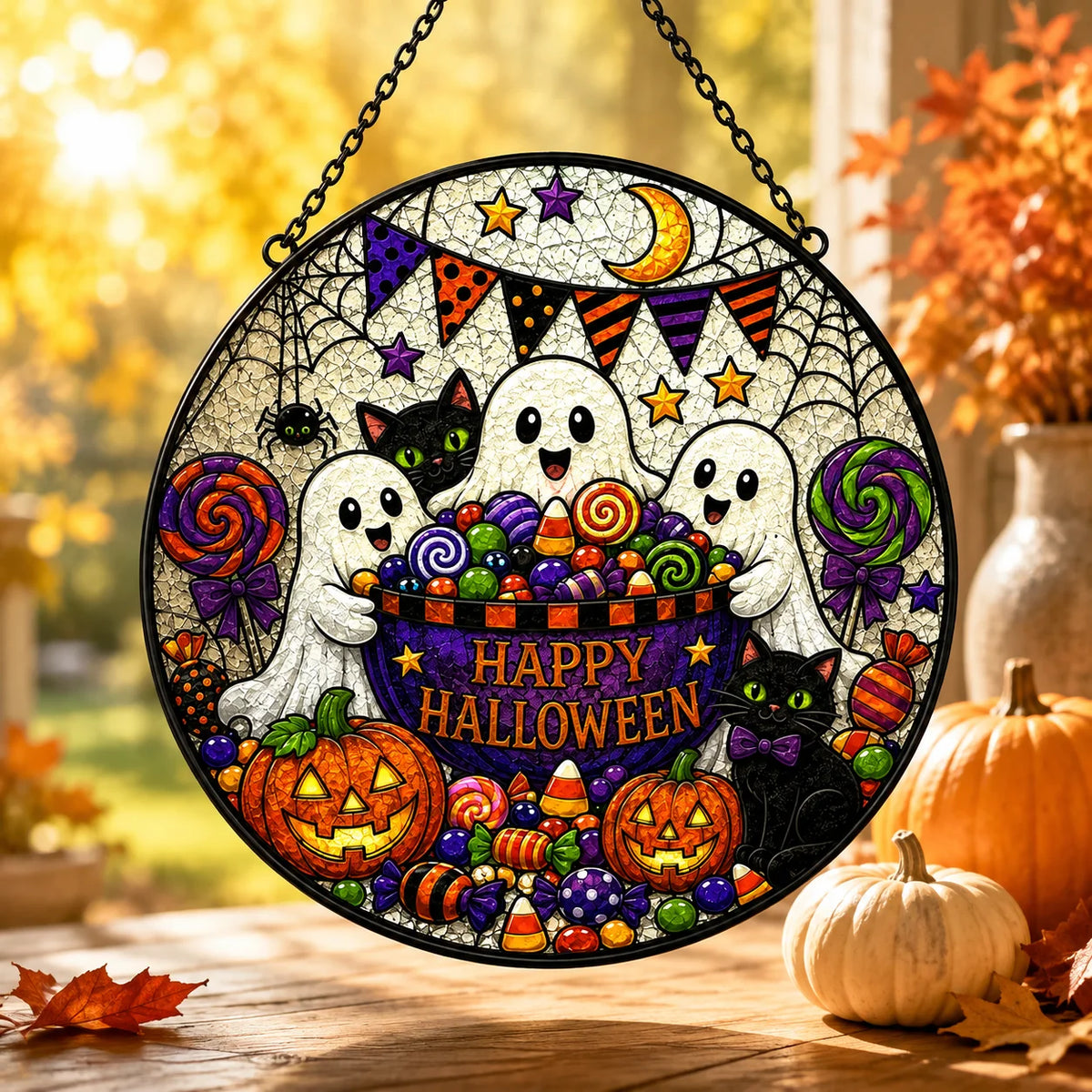 Happy Halloween Hanging Sign Cute Black Cat Trick Or Treat Candy Stained Glass Look Front Door Decor
