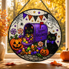 Happy Halloween Hanging Sign Cute Black Cat Trick Or Treat Candy Stained Glass Look Front Door Decor