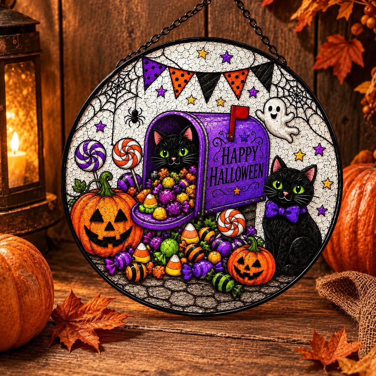 Happy Halloween Hanging Sign Cute Black Cat Trick Or Treat Candy Stained Glass Look Front Door Decor