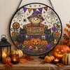 Customer in Austin, Texas wearing Happy Halloween Hanging Sign Stained Glass Scarecrow and Black Cats Suncatcher Wreath Door Decor